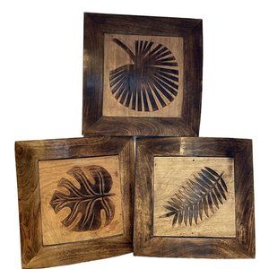 Wood Wall Art Carved Leaves From Wood In Curved ￼Wood Frames Set Of 3 12 X 12 Ea